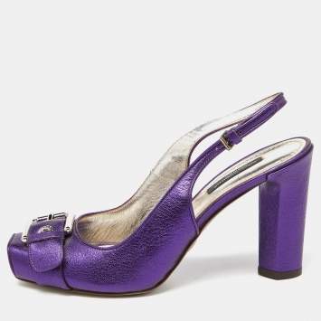 Pre Owned Dolce & Gabbana Metallic Purple Leather Buckle Detail Peep Toe Slingback Pumps Size 37