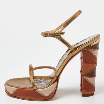 Pre Owned Dolce & Gabbana Gold Leather Platform Ankle Strap Sandals Size 38