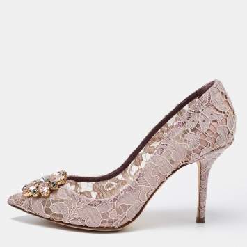 Pre Owned Dolce & Gabbana Purple Lace Crystal Embellishments Pointed Toe Pumps Size 39
