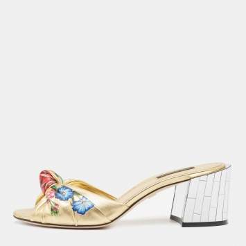 Pre Owned Dolce & Gabbana Gold Leather Knot Detail Mirrored Heel Slide Sandals Size 38