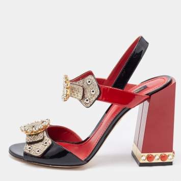 Pre Owned Dolce & Gabbana Tricolor Patent and Embossed Snakeskin Crystal Embellished Ankle Strap Sandals Size 40