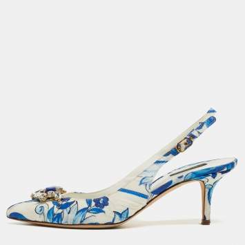 Pre Owned Dolce & Gabbana White/Blue Lurex Crystal Embellished Slingback Pumps Size 40