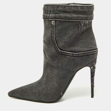 Pre Owned Dolce & Gabbana Grey Distressed Denim Pointed Toe Ankle Boots Size 37.5