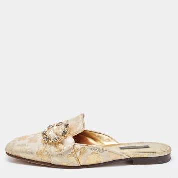 مملوكة مسبقًا Dolce & Gabbana Gold Brocade Fabric Logo Slide Mules Size 36.5