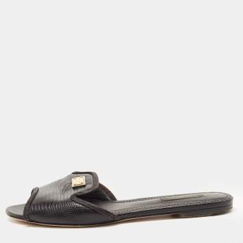 Pre Owned Dolce & Gabbana Black Lizard Embossed Leather Sofia Slides Size 38