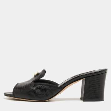 Pre Owned Dolce & Gabbana Black Lizard Embossed Leather Block Heel Mules Size 37.5