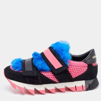 Pre Owned Dolce & Gabbana Tricolor Suede and Mink Fur Low Top Sneakers Size 40