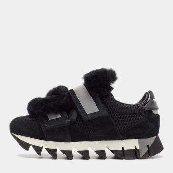 Pre Owned Dolce & Gabbana Black Mesh and Fur Low Top Sneakers Size 39
