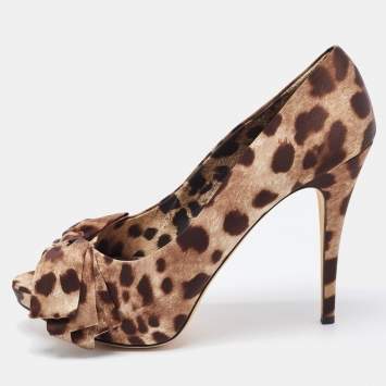 Pre Owned Dolce & Gabbana Brown/Beige Leopard Print Satin Bow Peep Toe Pumps Size 41