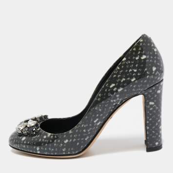 Pre Owned Dolce & Gabbana Grey Patent Crystal Embellishments Pumps Size 37