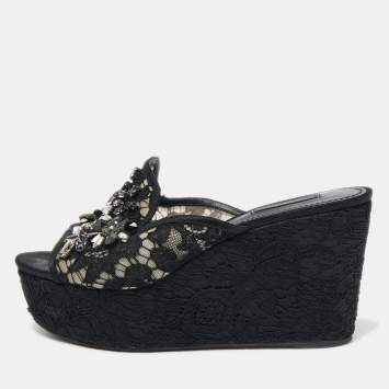 Pre Owned Dolce & Gabbana Black Lace Crystal Embellished Platform Wedge Slide Sandals Size 39