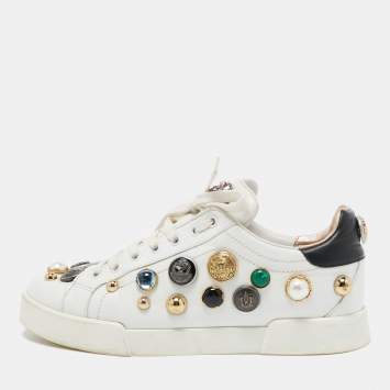 Pre Owned Dolce & Gabbana White Leather Embellished Low Top Sneakers Size 40