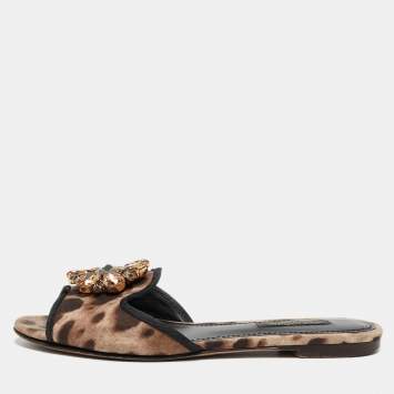 Pre Owned Dolce & Gabbana Brown Leaopard Print Fabric Bellucci Slide Flats Size 35.5