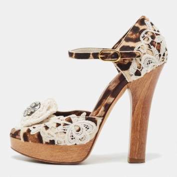 Pre Owned Dolce & Gabbana Beige Leopard Print Calfhair and Crochet Floral D'Orsay Pumps Size 38