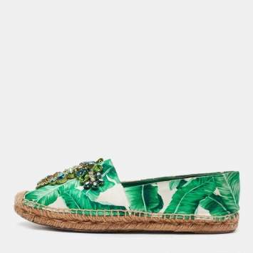 Pre Owned Dolce & Gabbana Green/White Floral Print Satin Embellished Espadrille Flats Size 39