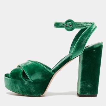 Pre Owned Dolce & Gabbana Green Velvet Keira Platform Ankle Wrap Sandals Size 38