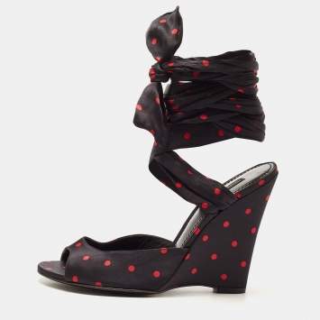 Pre Owned Dolce & Gabbana Black Satin Ankle Wrap Wedge Sandals Size 38.5