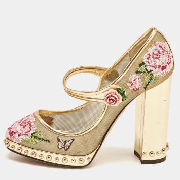 Pre Owned Dolce & Gabbana Gold Mesh and Leather Floral Print Studded Accents Mary Jane Block Heel Pumps Size 40