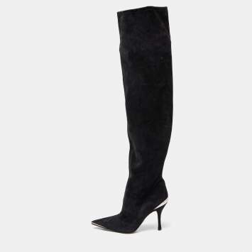 Pre Owned Dolce & Gabbana Black Suede Metal Over the Knee Boots Size 38.5