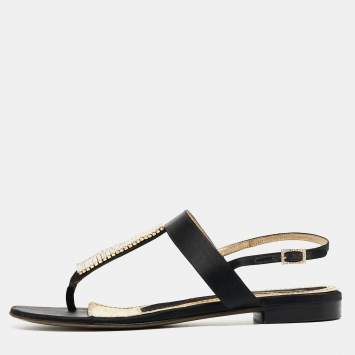 Pre Owned Dolce & Gabbana Black Satin Crystal Embellished Thong Flat Sandals Size 37.5