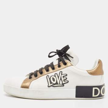 Pre Owned Dolce & Gabbana White Leather Love Applique Portofino Sneakers Size 39