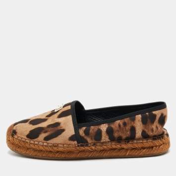 مملوكة مسبقًا Dolce & Gabbana Brown Canvas Leopard Print Logo Espadrilles Size 39