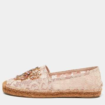 Pre Owned Dolce & Gabbana Pink Lace Crystal Embellished Espadrilles Size 40
