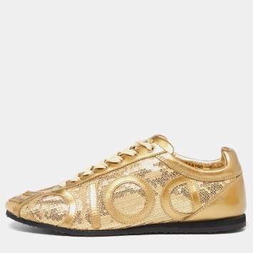 Pre Owned Dolce & Gabbana Gold Patent Leather and Sequin Embellished Low Top Sneakers Size 40