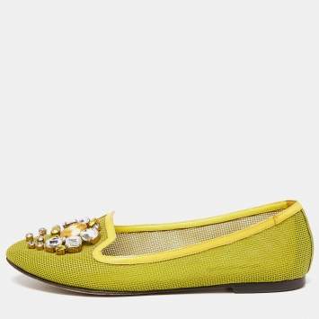 Pre Owned Dolce & Gabbana Mustard Mesh and Patent Leather Embellished Ballet Flats Size 37.5