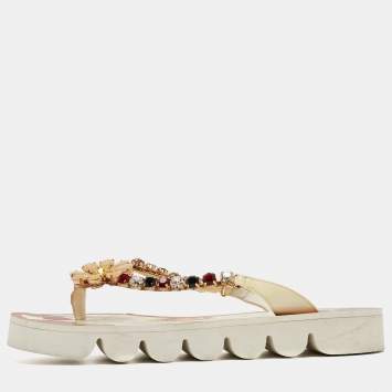 Pre Owned Dolce & Gabbana Cream Patent Leather Crystal Embellished Thong Flats Size 35