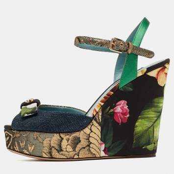 Pre Owned Dolce & Gabbana Multicolor Fabric and Leather Platform Wedge Ankle Strap Sandals Size 36.5