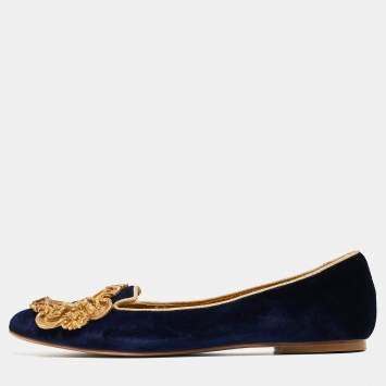 مملوكة مسبقًا Dolce and Gabbana Navy Blue Velvet Embellished Ballet Flats Size 38
