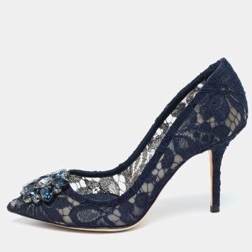 Pre Owned Dolce & Gabbana Navy Blue Lace and Mesh Bellucci Pumps Size 37.5