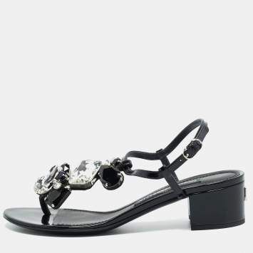 Pre Owned Dolce & Gabbana Black Patent Leather Crystal Embellished Ankle Strap Sandals Size 37