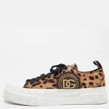 مملوكة مسبقًا Dolce & Gabbana Brown Leopard Print Canvas Lace Low Top Sneakers Size 39
