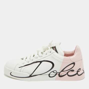 Pre Owned Dolce & Gabbana White/Mauve Leather Portofino Low Top Sneakers Size 39