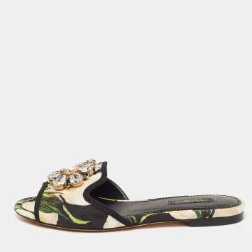 Pre Owned Dolce & Gabbana Tricolor Printed Canvas Crystal Embellished Flat Slides Size 37