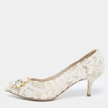 Pre Owned Dolce & Gabbana White Lace Crystal Embellished Taormina Pumps Size 36.5