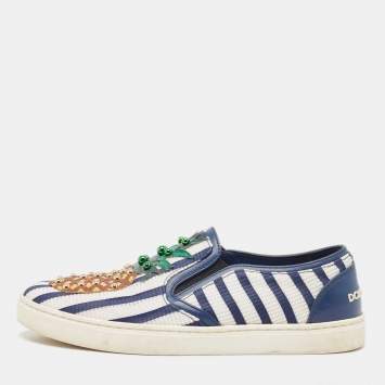 Pre Owned Dolce & Gabbana White/Navy Blue Canvas and Fabric Low Top Sneakers Size 37.5 