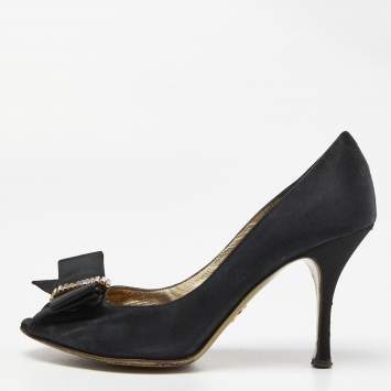 Pre Owned Dolce & Gabbana Black Satin Crystal Embellished Peep Toe Pumps Size 37.5