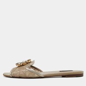 Pre Owned Dolce & Gabbana Silver/Beige Lace and Mesh Flat Slides Size 39.5