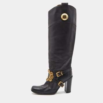 Pre Owned Dolce & Gabbana Black Leather Flower Embellished Knee Length  Boots Size 39