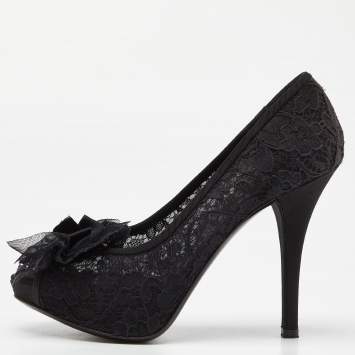 Pre Owned Dolce & Gabbana Black Lace Bow Peep Toe Platform Pumps Size 36
