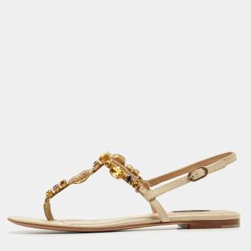 Pre Owned Dolce & Gabbana Beige Textured Leather Crystal Embellished Thong Flat Sandals Size 39.5