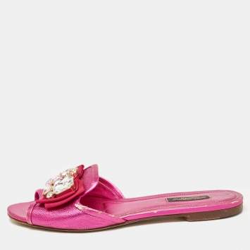 مملوكة مسبقًا Dolce & Gabbana Pink Leather Crystal Embellished Flat Slides Size 37.5