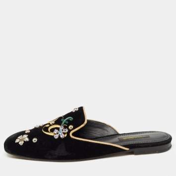 Pre Owned Dolce & Gabbana Black Velvet Jackie Embellished Mules Size 37
