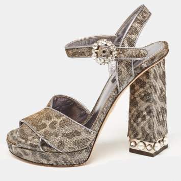 Pre Owned Dolce & Gabbana Silver/Gold Leopard Print Glitter Fabric Ankle Strap Block Heel Sandals Size 37