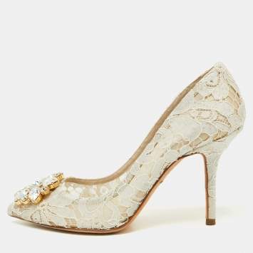 Pre Owned Dolce & Gabbana Off White Lace and Mesh Bellucci Pumps Size 37