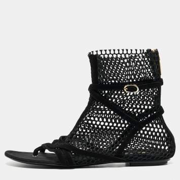 Pre Owned Dolce & Gabbana Black Mesh and Suede Strappy Thong Flat Sandals Size 39.5