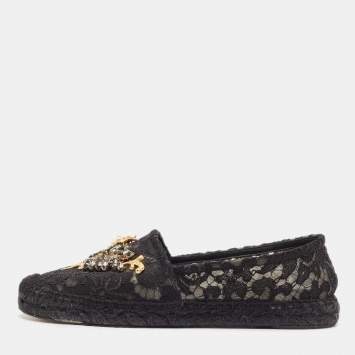 Pre Owned Dolce & Gabbana Black Lace Crystal Embellished Espadrille Flats Size 40